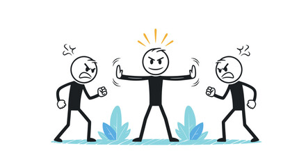 A stick figure mediator intervenes to stop two angry individuals from fighting, symbolizing conflict resolution and peace.
