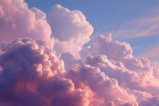 Fluffy pink and purple clouds in a serene blue sky, creating a dreamy and romantic atmosphere perfect for nature lovers and artistic backgrounds