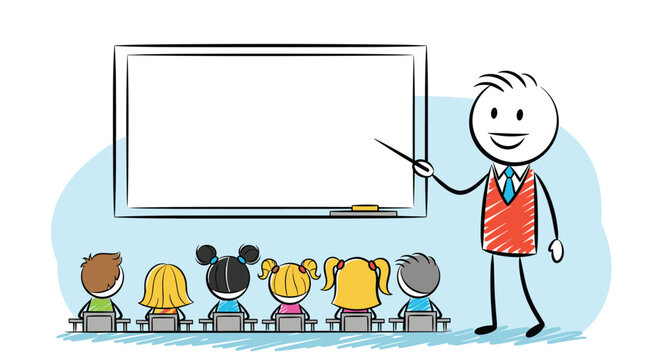 A happy stick figure teacher points to a whiteboard in a classroom while a group of diverse stick figure children sit at their desks and learn.