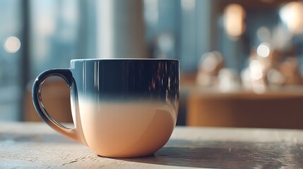 Fototapeta premium A crisp, high-definition image of a coffee cup with a smooth transition from peach to navy blue, set against a blurred café made with Ai 1