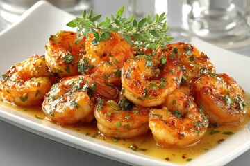 Succulent Garlic Butter Shrimp Garnished with Fresh Thyme and Parsley on a Plate.