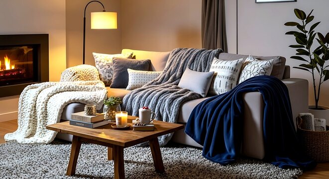 Cozy living room with fireplace and sofa draped in warm blankets and decorative pillows