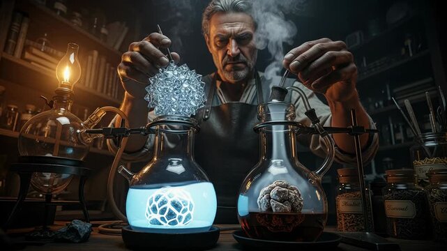 Alchemist performs solve et coagula process to transform crystalline substance into liquid and then reshape it