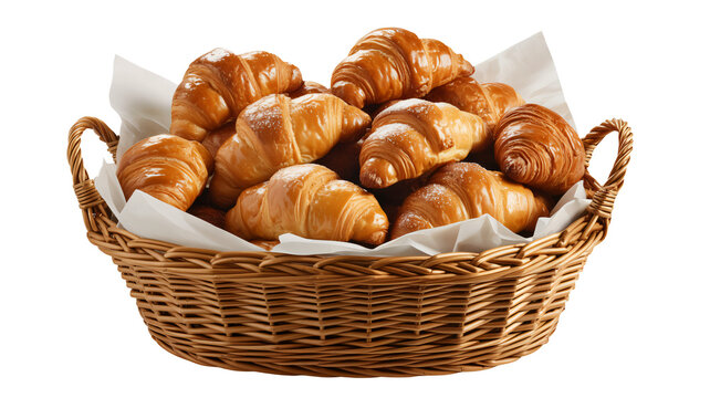 Golden croissants freshly baked in wicker basket, perfect for breakfast