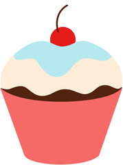 Sweet cupcake with pink wrapper, blue frosting, and a cherry on top. Dessert joy.