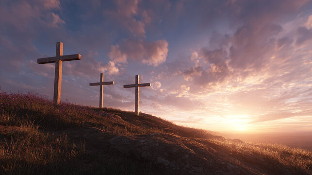 Three crosses stand silhouetted atop a hill under a vibrant sunset sky, symbolizing faith, hope, and reflection in a peaceful landscape.