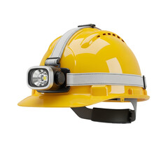 Side view of a yellow construction safety helmet with headlamp, perfect for industrial, engineering, and safety concept designs. Isolated on white or transparent background. PNG format.