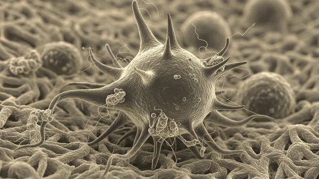 Macrophage navigating dense tissue as it extends and retracts pseudopods in a biological environment