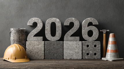 Anticipating the year 2026 with stone numbers and construction equipment, hinting at building and growth. Ready for the new year and future projects.