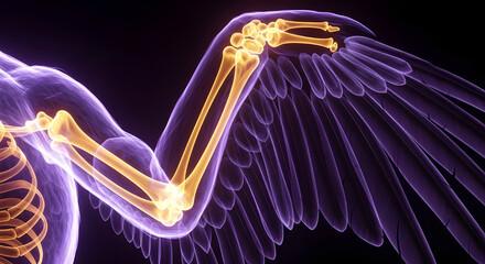 Anatomical illustration of a humanoid arm fused with a detailed feathered wing