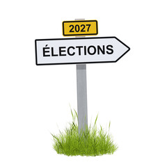 un panneau de ville avec le texte ÉLECTIONS et 2027 - élections en France - rendu 3D sur fond transparent