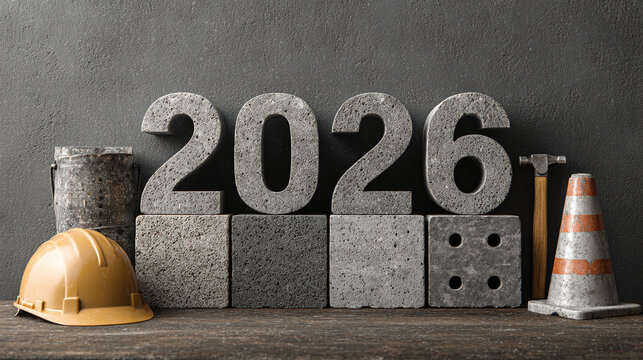 Anticipating the year 2026 with stone numbers and construction equipment, hinting at building and growth. Ready for the new year and future projects.