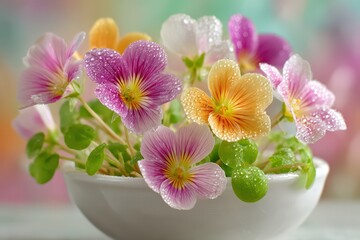Beautiful Colorful Pansy Flowers with Sparkling Water Drops in a White Bowl