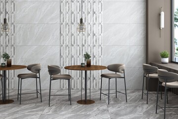 Elegant cafe-style interior design of a restaurant featuring tiled walls with ceramic design, and warm decor, wooden circular tables with dual chairs on each table, window to a garden view. 3D Render