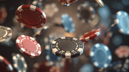 Casino chips in motion, suspended in the air, create a dynamic representation of luck, chance, and high-stakes gambling entertainment.