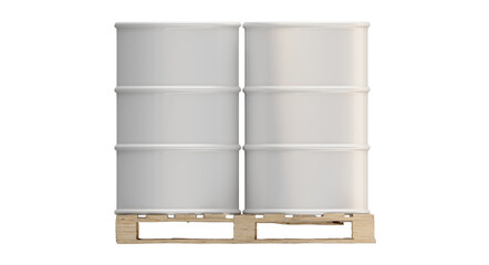 Pallet load of white steel barrels. Orthographic side view, isolated on a transparent background. 3D Illustration.
