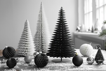 Modern monochrome Christmas scene with black and white decorative trees and ornaments arranged on snowy surface near a bright window Generative AI