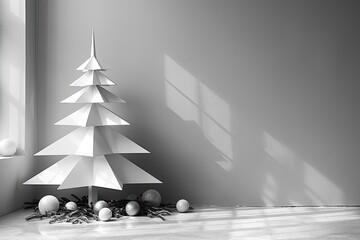 Geometric white Christmas tree with sharp triangular layers in minimal interior decorated with ornaments and soft natural light Generative AI