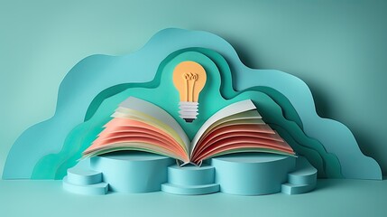 Open book with colorful pages and paper light bulb symbolizing creativity and knowledge on abstract blue background Generative AI
