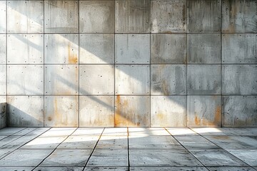 Empty industrial space with stained concrete walls and floor tiles featuring shadows and textures in a minimalist architectural setting Generative AI