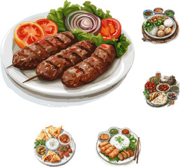 Set of Turkish and Vietnamese Cuisine in color style 