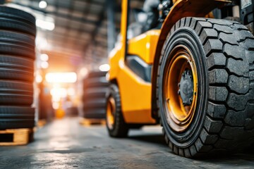 Close-up of a heavy-duty forklift tire in an industrial warehouse setting.