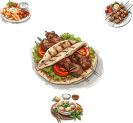 Set of Turkish and Greek cuisine in color style 