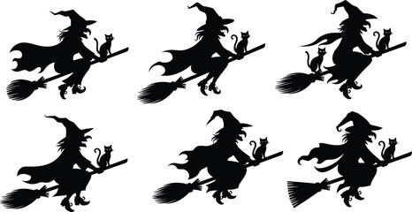 Witches Riding Broomsticks with Cats – Black Silhouette Vector Illustrations for Halloween, Fantasy, Folklore, Magic, and Spooky Themes