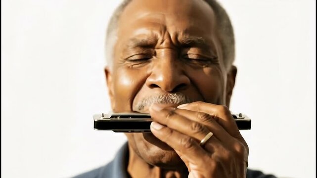 An elderly African American man playing the harmonica in a close-up portrait. Soulful musician performing with emotional expression against a white background