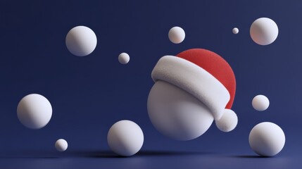 Snowball with Santa's hat in dark blue space. Christmas atmosphere.
