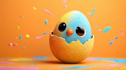 Chicken hatching from egg on bright orange background, playful cheerful composition for kids design.