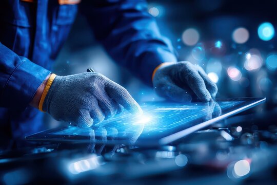 Gloved hands operating a glowing digital tablet for modern industry. - Powered by Adobe