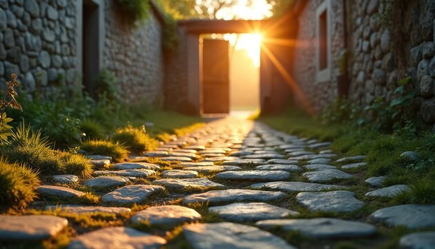 Stone pathway leads to open gate bathed in warm sunlight. Lush green grass grows between weathered cobblestones. Ancient stone walls line the narrow path creating a serene atmosphere for exploration.