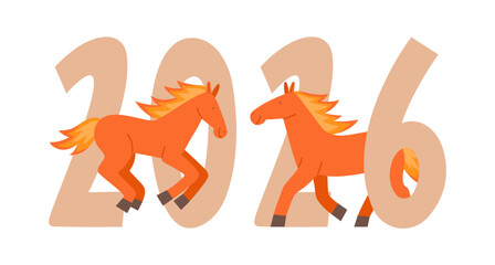 Chinese calendar New Year symbol. Cute vector set. Red cartoon horses  illustration. Happy New Year greeting card, banner template. 2026 Year of the Fire Horse.  