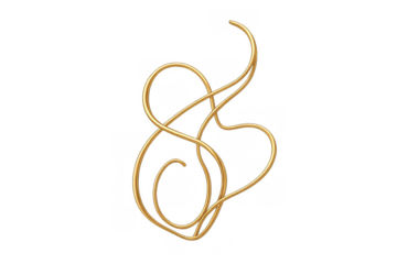 Gold wire abstract element forming fluid lines and a dynamic tangled curve on transparent background