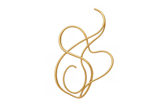 Gold wire abstract element forming fluid lines and a dynamic tangled curve on transparent background