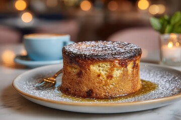 Decadent Caramelized Dessert with Powdered Sugar and Rich Syrup, served with Coffee.