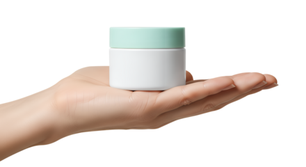 Female hand holding a jar of cream isolated on transparent background