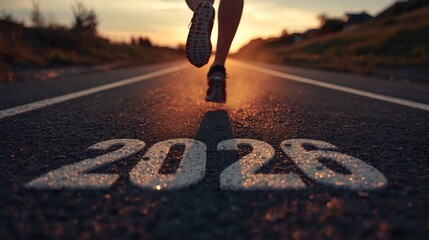 Motivational runner heading toward 2026 goal on sunset road symbolizing new beginnings