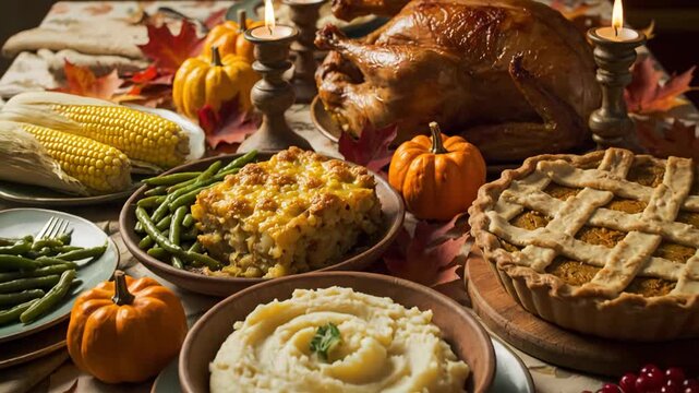 A traditionally styled Thanksgiving dinner feast is laid out on a table with corn, mashed potatoes, a whole turkey, pie, pumpkins and candles, featuring warm tones and