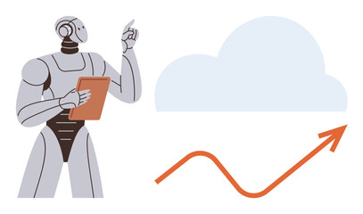 Robot holding a tablet gesturing toward a cloud with a rising arrow. Ideal for technology, AI, growth, cloud computing, innovation, business analytics, futuristic concepts. Simple flat metaphor