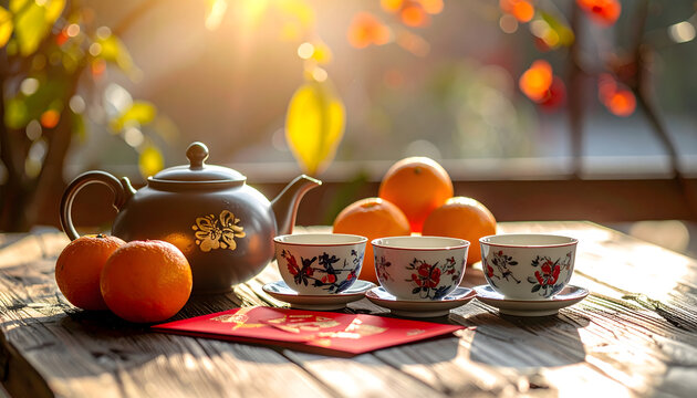 chinese new year decoration table with tea and oranges
