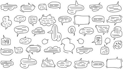 Hand-drawn, Cartoons speak of conversation elements, brush, comic doodle style dialog balloon, communication message, cloud speech bubble element, line art vector icon set.