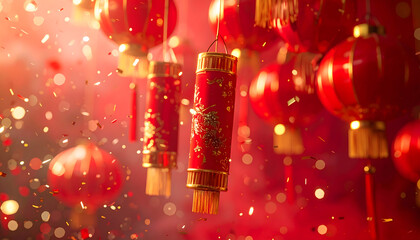 chinese new year decoration with lanterns, red background with copyspace