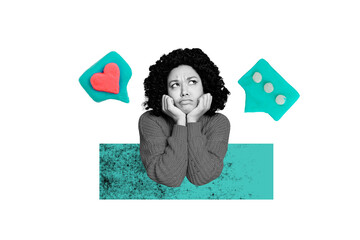 Composite photo collage of dissatisfied american girl text box like notification message social media blog isolated on painted background