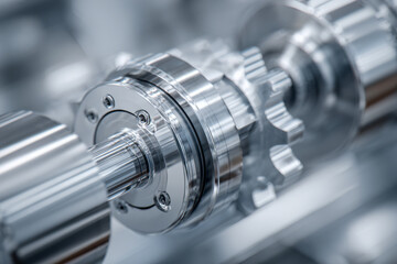 Precision engineered metallic gears and shafts with smooth polished surfaces showcasing high-quality industrial machinery components in a close-up view