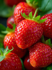 Vibrant ripe red strawberries with green leafy tops showing fresh texture and natural shine in bright daylight for healthy fruit concept