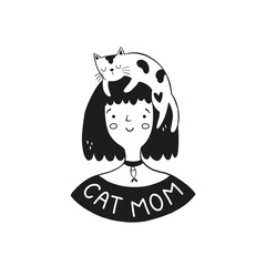 vector illustration of a girl with cat on head