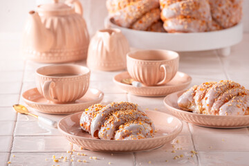 Homemade saint martin's croissant with poppy seeds and icing.