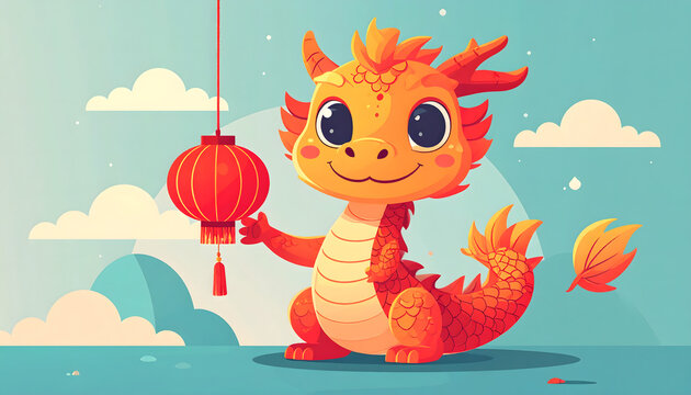 cute little dragon with chinese lantern cartoon illustration